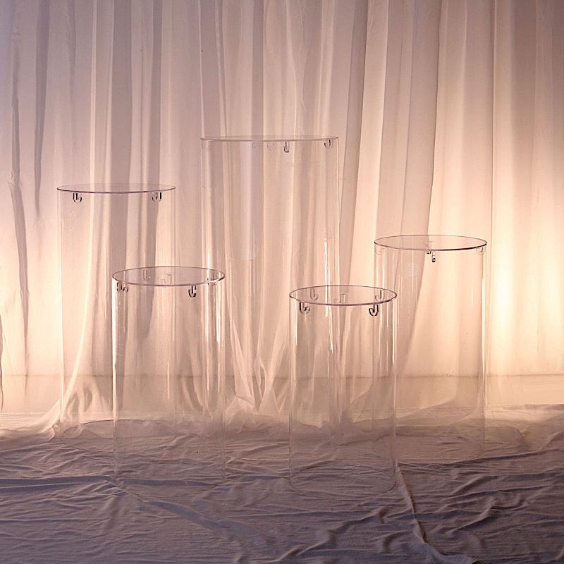 5 Acrylic Cylinder Stands Display Boxes Pedestal Riser Columns - Clear PROP_BOX_006_SET_CLR