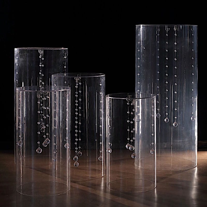 5 Acrylic Cylinder Stands Display Boxes Pedestal Riser Columns - Clear PROP_BOX_006_SET_CLR