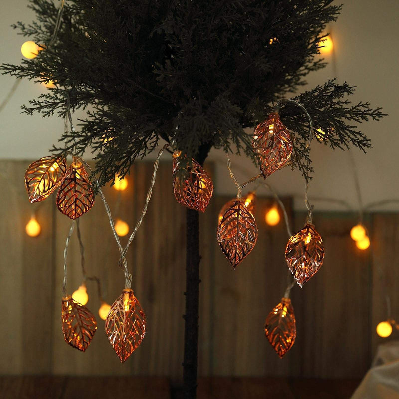 5 ft 10 Metal Leaves with White LED Fairy Lights - Rose Gold LEDSTR26_054