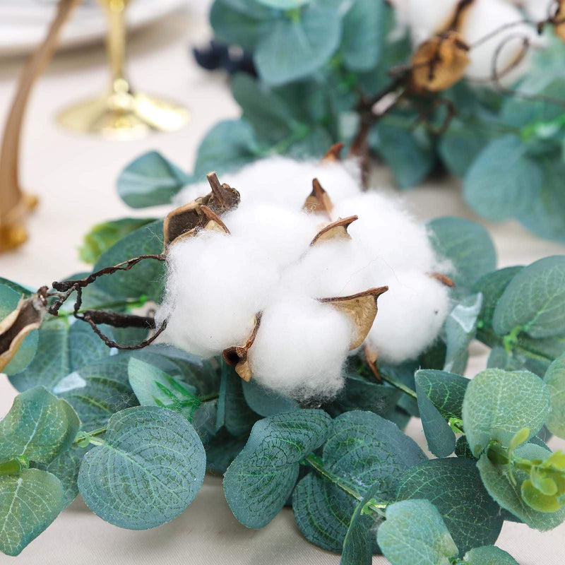 5 ft long Artificial Cotton Balls with Eucalyptus Foliage Garlands - Green and White ARTI_GLND_GRN004