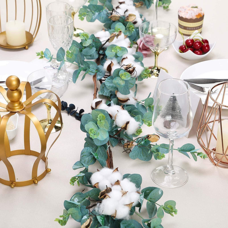 5 ft long Artificial Cotton Balls with Eucalyptus Foliage Garlands - Green and White ARTI_GLND_GRN004
