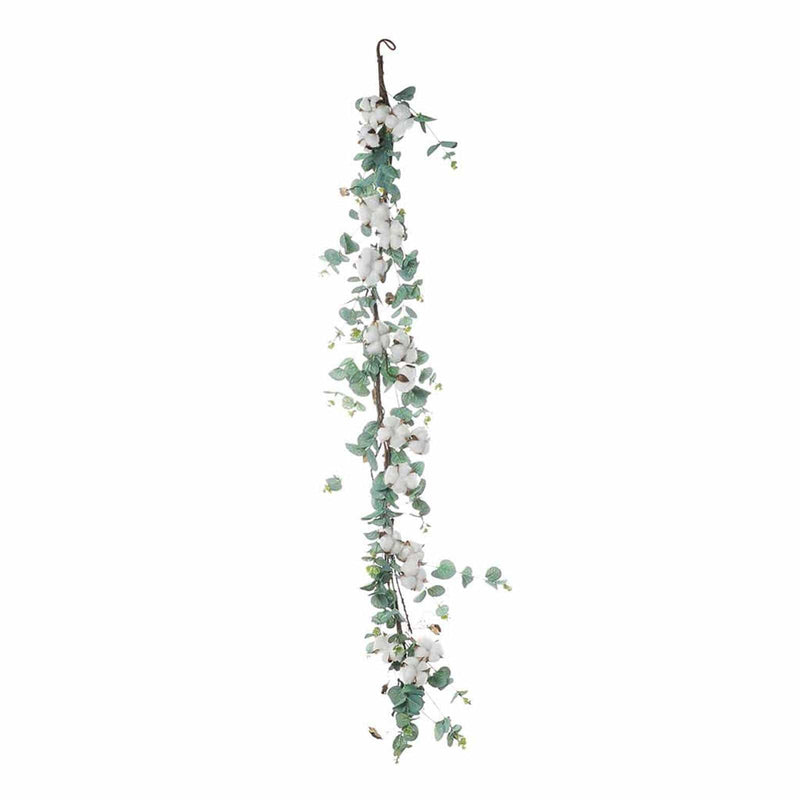 5 ft long Artificial Cotton Balls with Eucalyptus Foliage Garlands - Green and White ARTI_GLND_GRN004