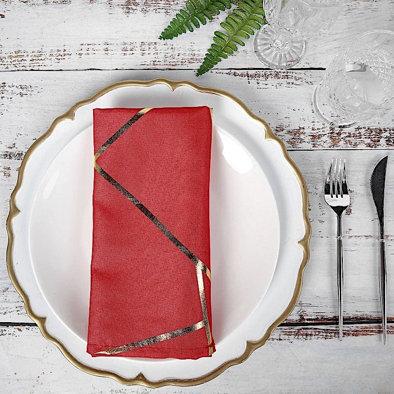 5 pcs 20" x 20" Polyester Dinner Napkins with Metallic Geometric Pattern NAP_FOIL_RED_G