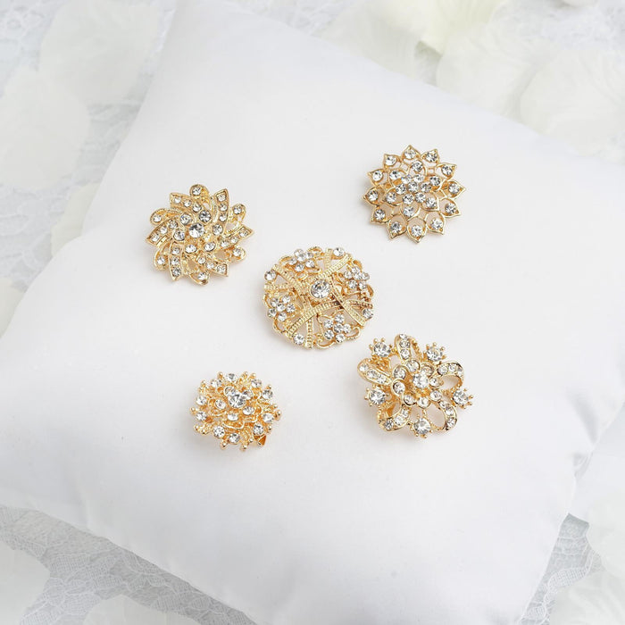 5 pcs Metal Assorted Brooches Floral Pins with Rhinestones - Gold SASH_PIN_010_GOLD