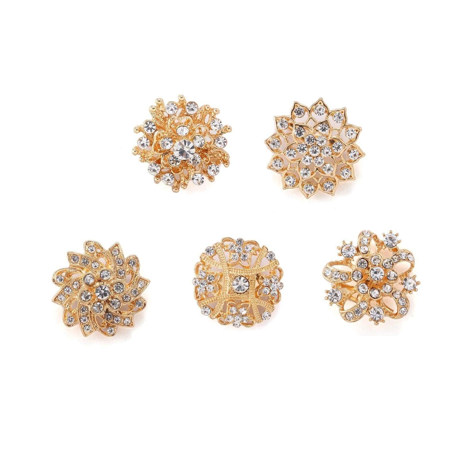 5 pcs Metal Assorted Brooches Floral Pins with Rhinestones - Gold SASH_PIN_010_GOLD