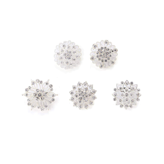 5 pcs Metal Assorted Brooches Floral Pins with Rhinestones - Silver SASH_PIN_014_SILV
