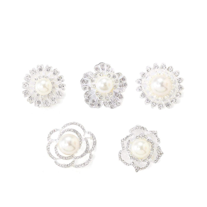 5 pcs Metal Assorted Brooches Pins with Flowers Rhinestones and Pearls - Silver SASH_PIN_013_SILV