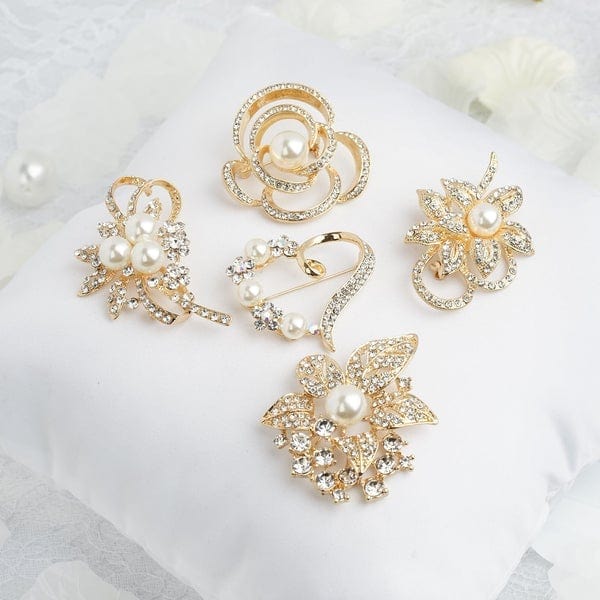 5 pcs Metal Assorted Brooches Pins with Hearts and Flowers Rhinestones - Gold SASH_PIN_009_GOLD