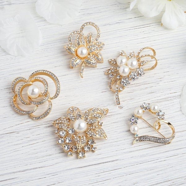 5 pcs Metal Assorted Brooches Pins with Hearts and Flowers Rhinestones - Gold SASH_PIN_009_GOLD