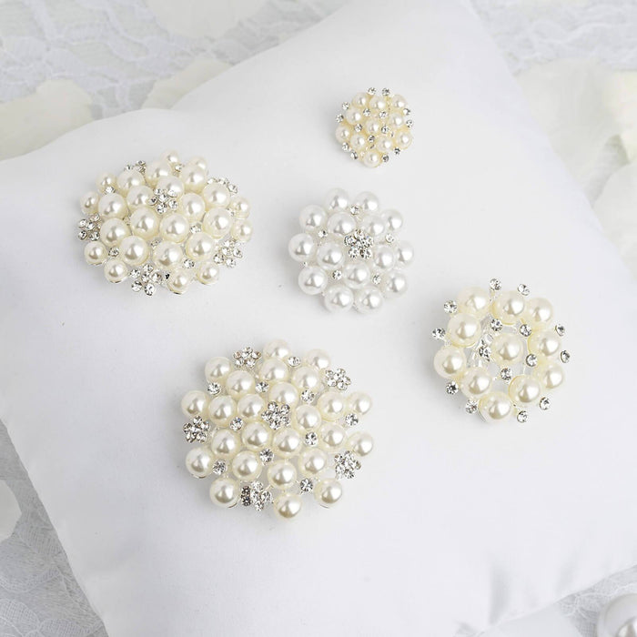 5 pcs Metal Brooches Pins with Flowers Pearls and Rhinestones - Ivory and White SASH_PIN_012_SILV