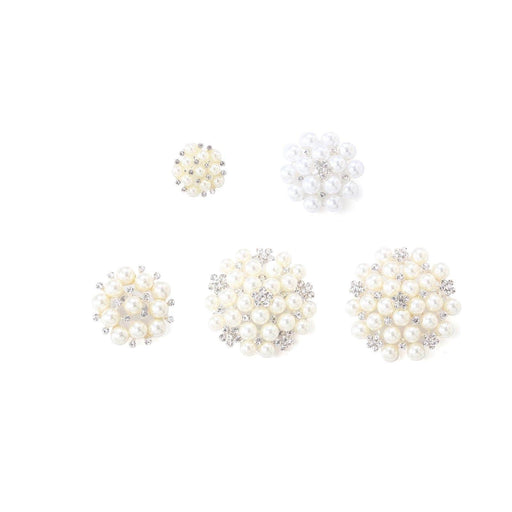 5 pcs Metal Brooches Pins with Flowers Pearls and Rhinestones - Ivory and White SASH_PIN_012_SILV