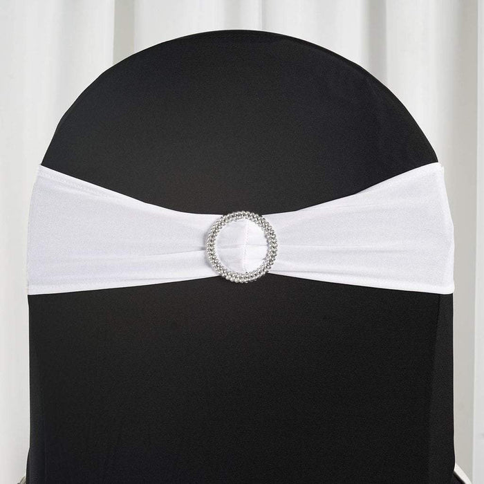 5 pcs Spandex Chair Sashes with Silver Round Buckle Brooches SASHP_SPX03_WHT