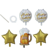 5 Round Beer Mug and Stars Happy Birthday Mylar Foil Balloons Set - White and Gold BLOON_KIT09_BDAY_GOLD