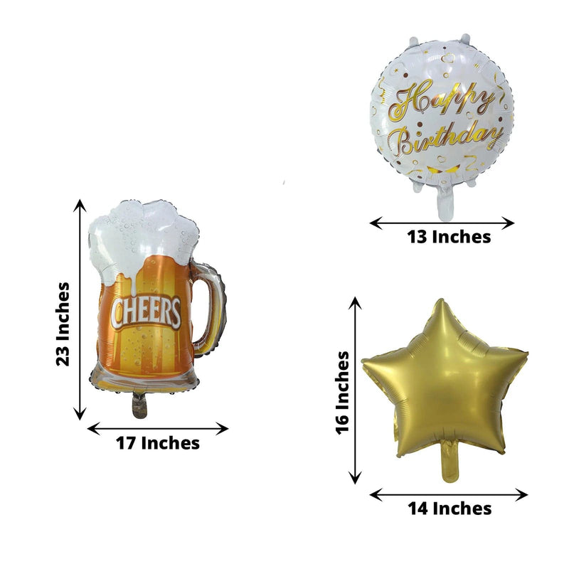 5 Round Beer Mug and Stars Happy Birthday Mylar Foil Balloons Set - White and Gold BLOON_KIT09_BDAY_GOLD