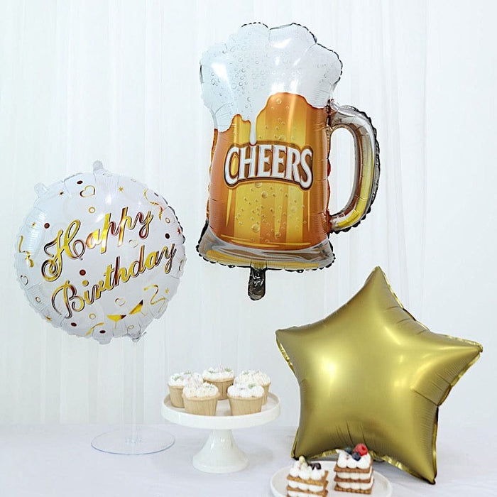 5 Round Beer Mug and Stars Happy Birthday Mylar Foil Balloons Set - White and Gold BLOON_KIT09_BDAY_GOLD