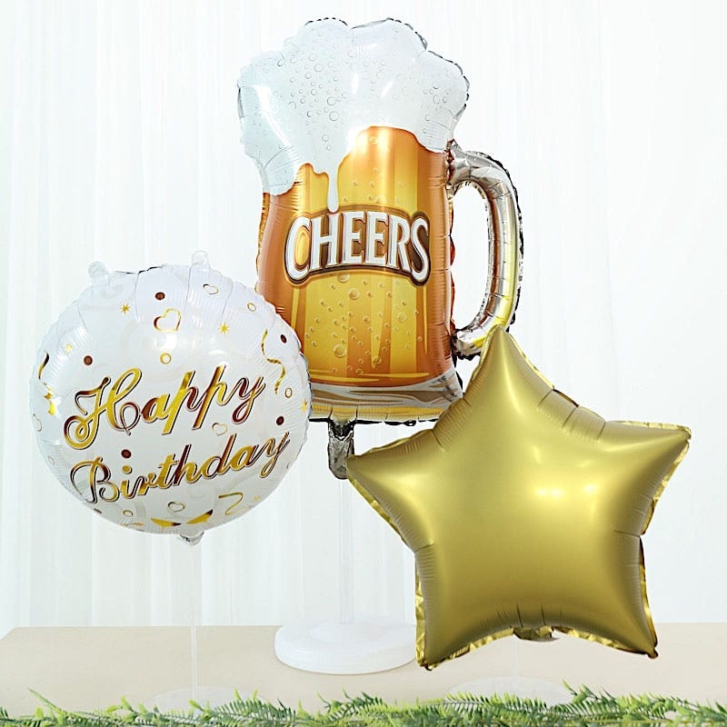 5 Round Beer Mug and Stars Happy Birthday Mylar Foil Balloons Set - White and Gold BLOON_KIT09_BDAY_GOLD