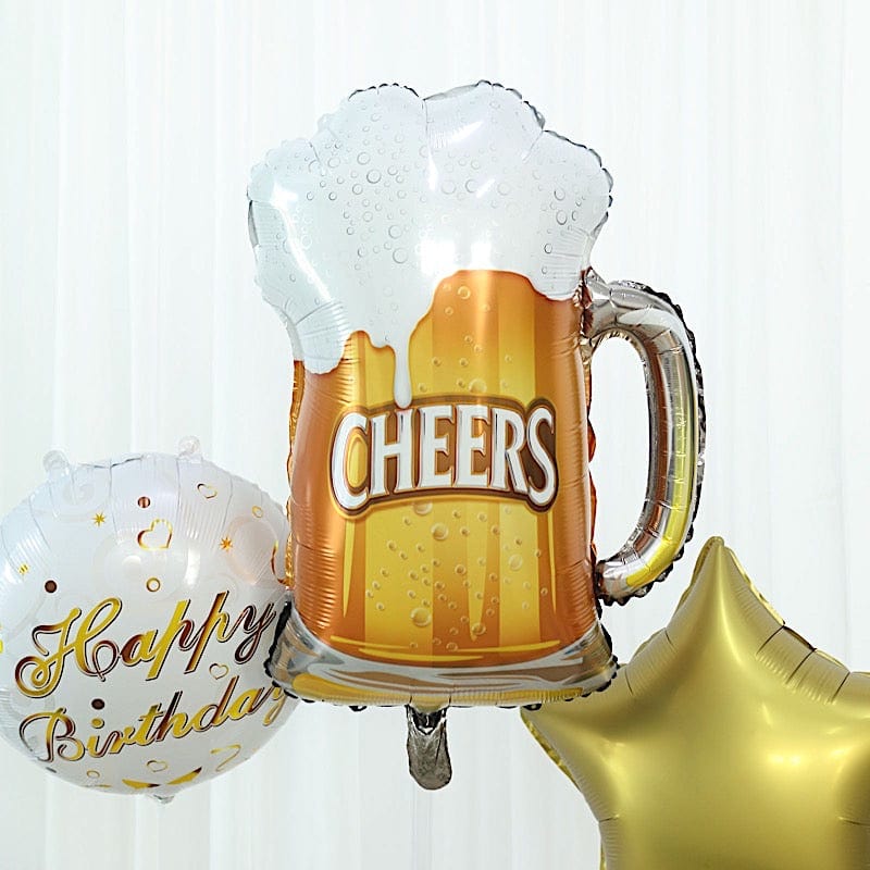 5 Round Beer Mug and Stars Happy Birthday Mylar Foil Balloons Set - White and Gold BLOON_KIT09_BDAY_GOLD