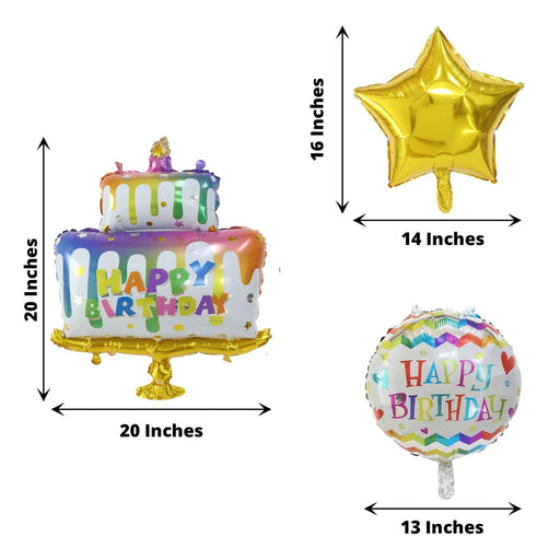 5 Round Cake and Star Happy Birthday Mylar Foil Balloons Set - White and Gold BLOON_KIT07_BDAY_GOLD