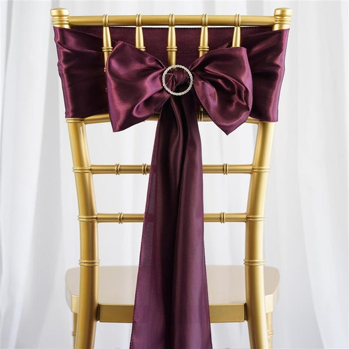 5 Satin Chair Sashes Bows Ties Wedding Decorations - Eggplant Purple SASHP_SS_EGG