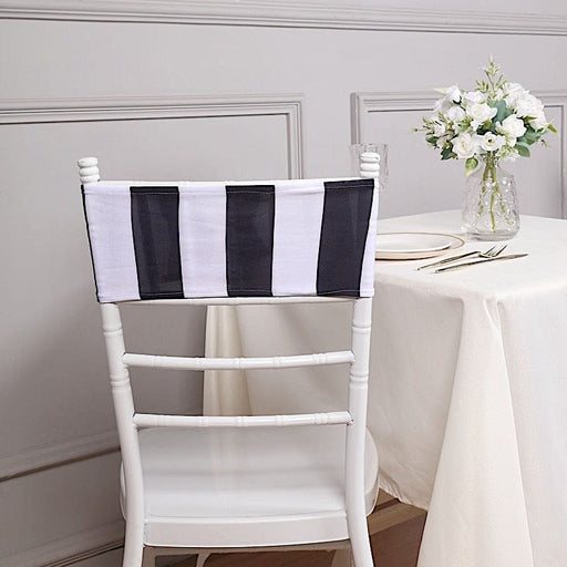 5 Striped 5" x 14" Spandex Fitted Chair Sashes - Black and White SASH_SPX15_BLK