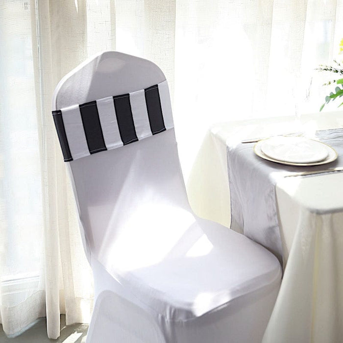 5 Striped 5" x 14" Spandex Fitted Chair Sashes - Black and White SASH_SPX15_BLK