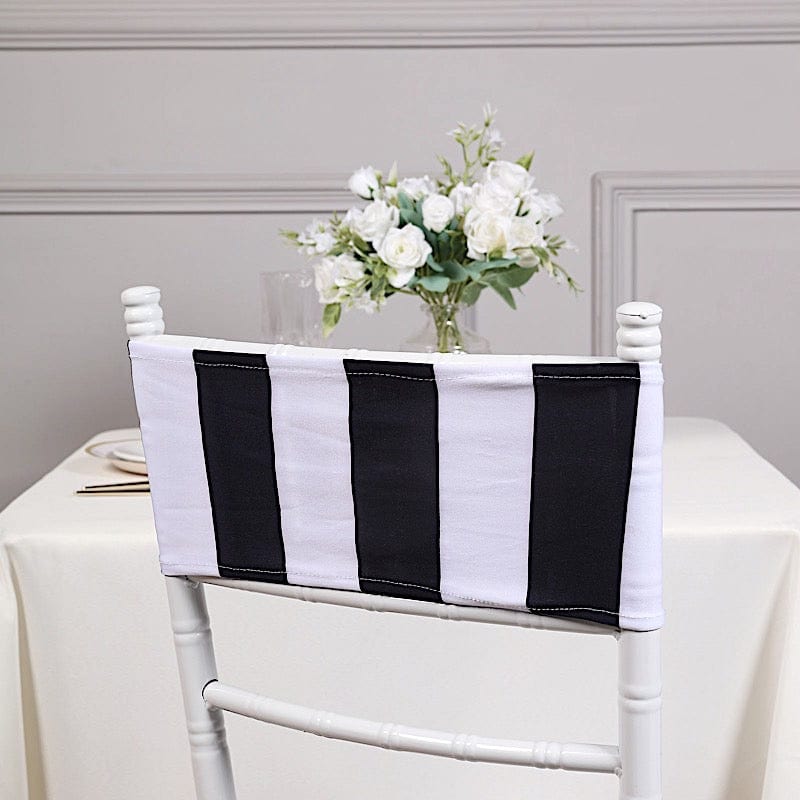 5 Striped 5" x 14" Spandex Fitted Chair Sashes - Black and White SASH_SPX15_BLK