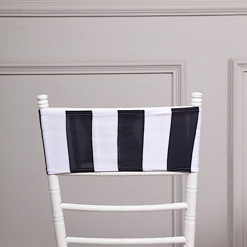 5 Striped 5" x 14" Spandex Fitted Chair Sashes - Black and White SASH_SPX15_BLK