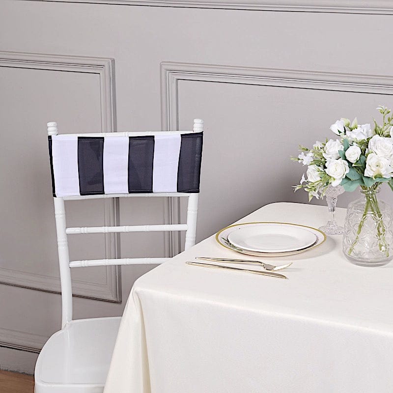 5 Striped 5" x 14" Spandex Fitted Chair Sashes - Black and White SASH_SPX15_BLK