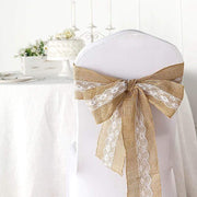 5" x 108" Natural Burlap Chair Sash with Lace - Light Brown and White SASH_JUTE_LACE01_NAT