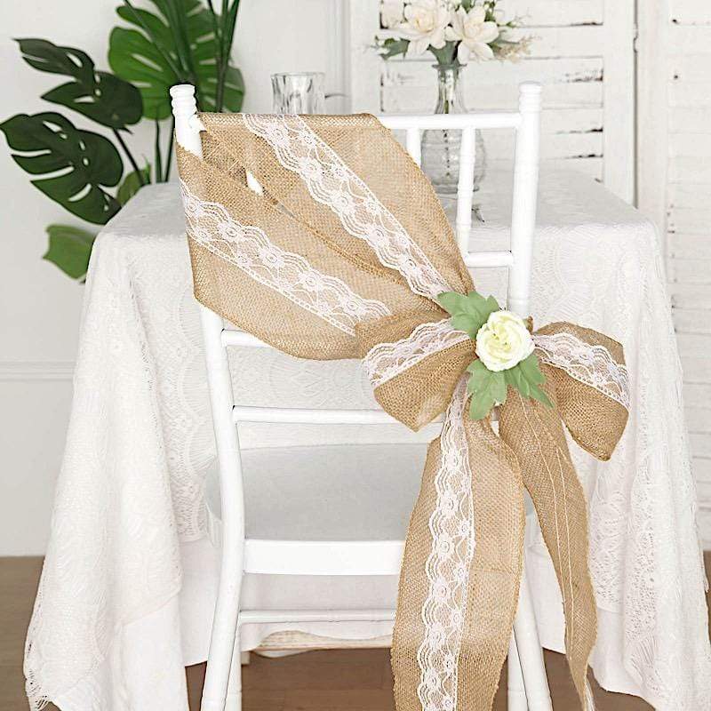 5" x 108" Natural Burlap Chair Sash with Lace - Light Brown and White SASH_JUTE_LACE01_NAT