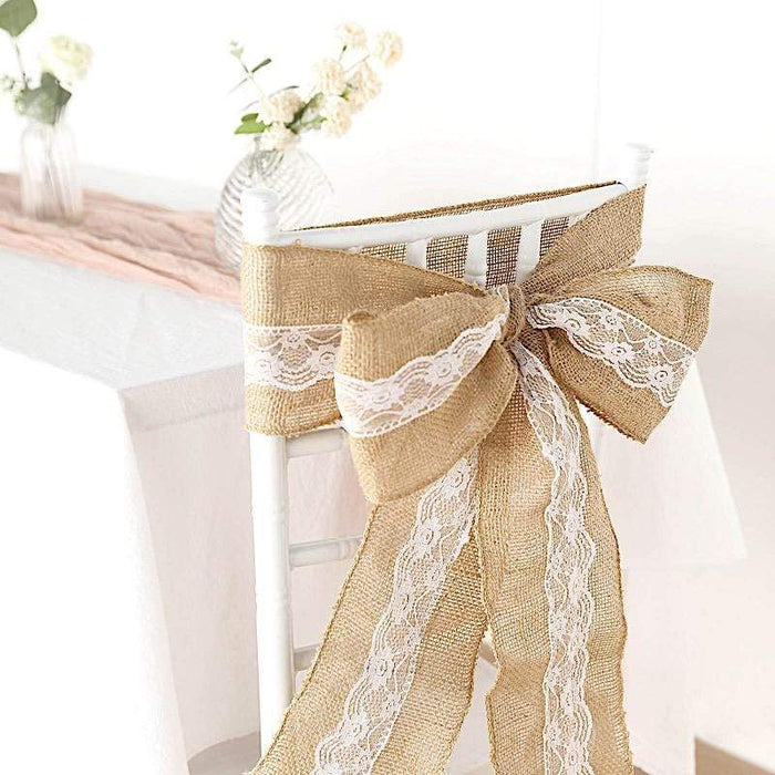 5" x 108" Natural Burlap Chair Sash with Lace - Light Brown and White SASH_JUTE_LACE01_NAT