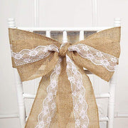 5" x 108" Natural Burlap Chair Sash with Lace - Light Brown and White SASH_JUTE_LACE01_NAT