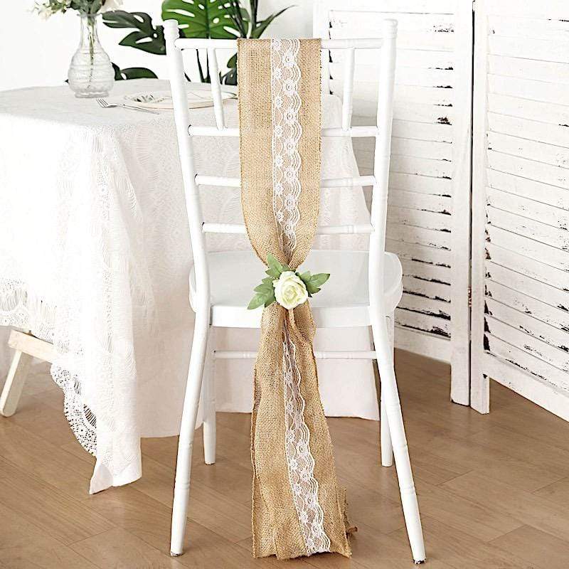 5" x 108" Natural Burlap Chair Sash with Lace - Light Brown and White SASH_JUTE_LACE01_NAT