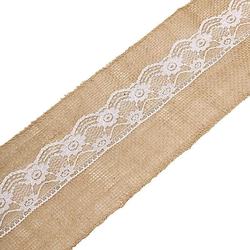5" x 108" Natural Burlap Chair Sash with Lace - Light Brown and White SASH_JUTE_LACE01_NAT