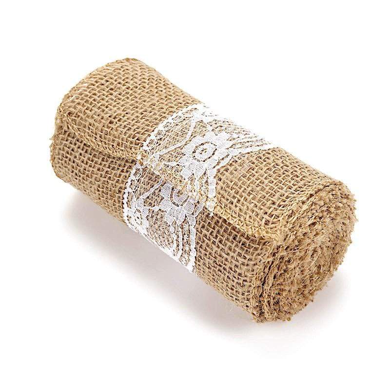5" x 108" Natural Burlap Chair Sash with Lace - Light Brown and White SASH_JUTE_LACE01_NAT