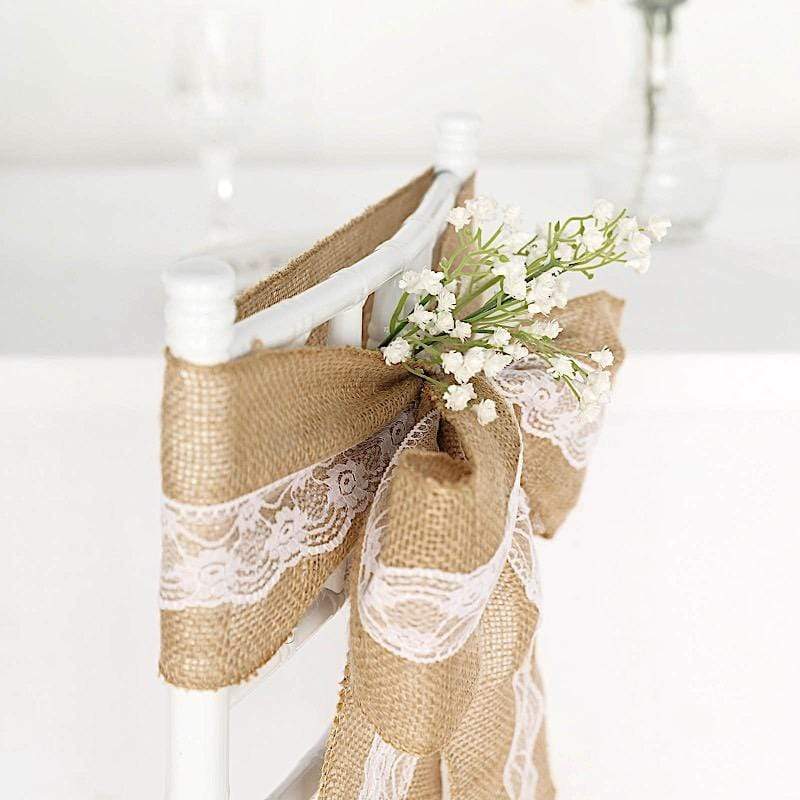 5" x 108" Natural Burlap Chair Sash with Lace - Light Brown and White SASH_JUTE_LACE01_NAT