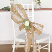 5" x 108" Natural Burlap Chair Sash with Lace - Light Brown and White SASH_JUTE_LACE01_NAT