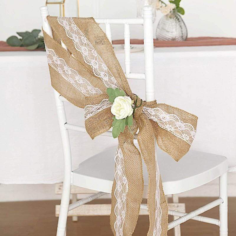5" x 108" Natural Burlap Chair Sash with Lace - Light Brown and White SASH_JUTE_LACE01_NAT