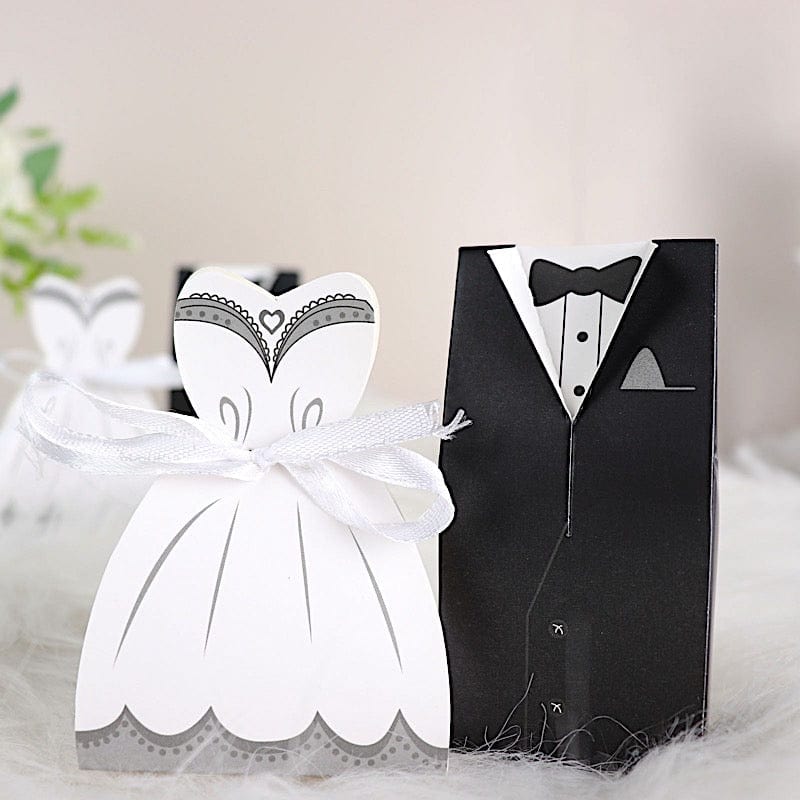 50 Favor Boxes Wedding Dress and Tuxedo Gift Holders - Black and White BOX_2X4_WED01_SET