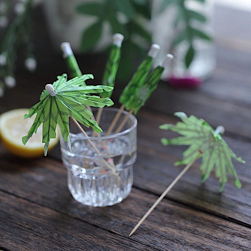 50 Natural Bamboo 6" Sustainable Skewers Picks with Leaf Parasol Design - Green DSP_BIRC_P017