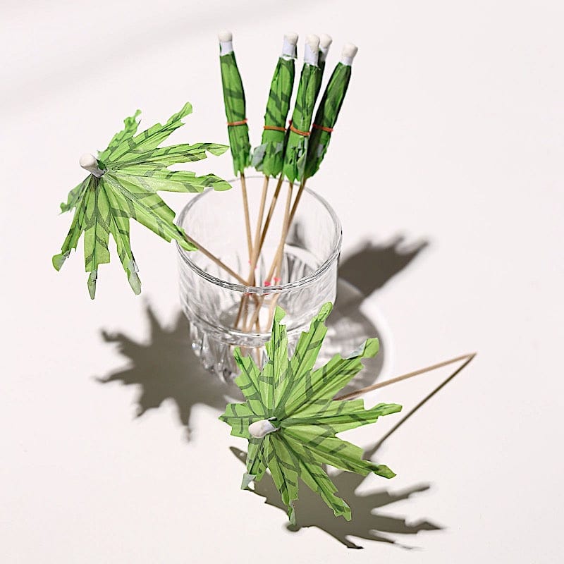 50 Natural Bamboo 6" Sustainable Skewers Picks with Leaf Parasol Design - Green DSP_BIRC_P017