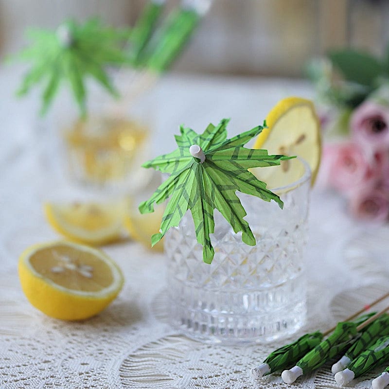 50 Natural Bamboo 6" Sustainable Skewers Picks with Leaf Parasol Design - Green DSP_BIRC_P017