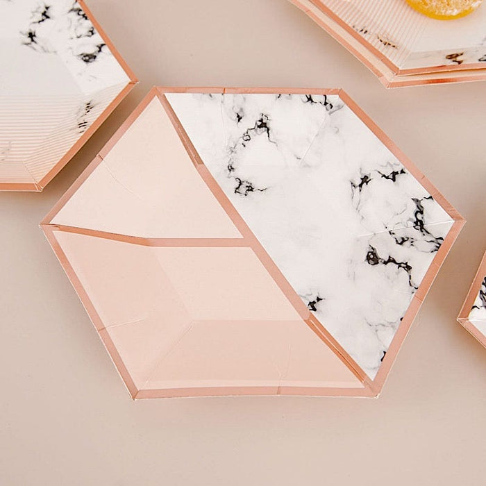 50 pcs 10" Rose Gold Hexagon Paper Dinner Salad Plates with Marble Design - Disposable Tableware DSP_PPGH0002_SET_MAB046
