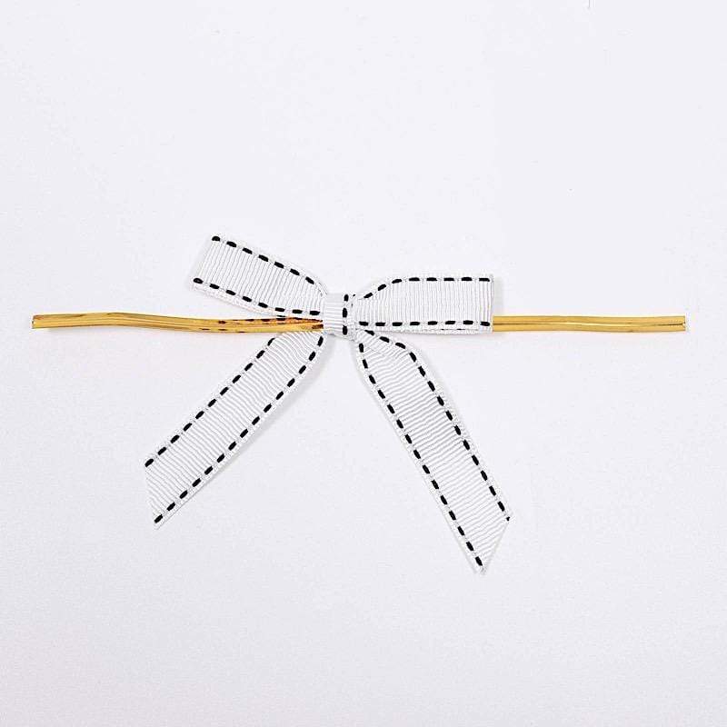 50 pcs 3" Pre Tied Grosgrain Ribbon Stitched Twist Tie Bows RIB_BOW_STCH01_WHT