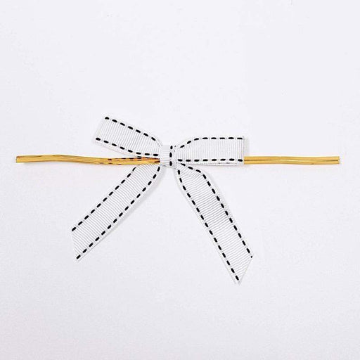 50 pcs 3" Pre Tied Grosgrain Ribbon Stitched Twist Tie Bows RIB_BOW_STCH01_WHT