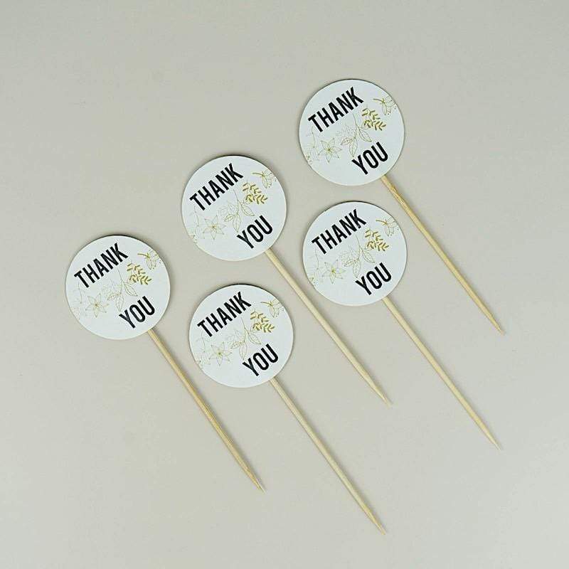 50 pcs 5.5" Natural Bamboo Round Thank You Tag Sustainable Skewers Picks - White DSP_BIRC_P014