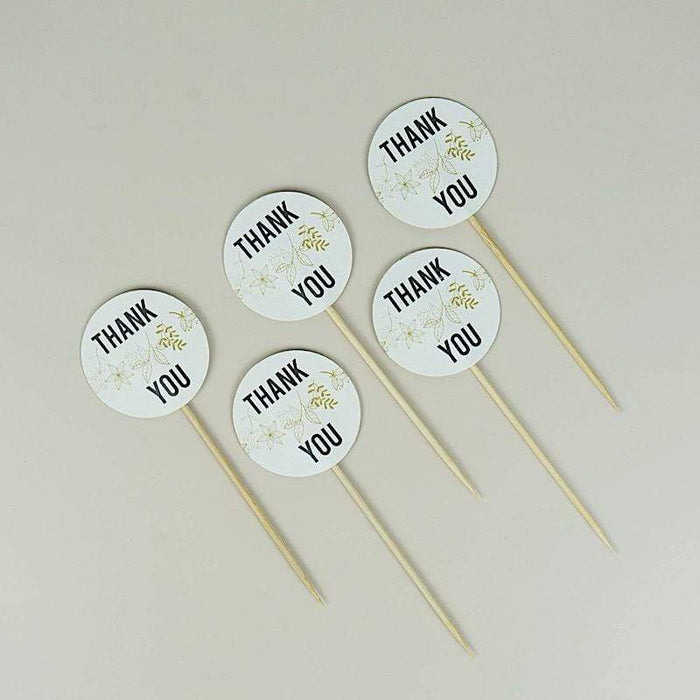 50 pcs 5.5" Natural Bamboo Round Thank You Tag Sustainable Skewers Picks - White DSP_BIRC_P014