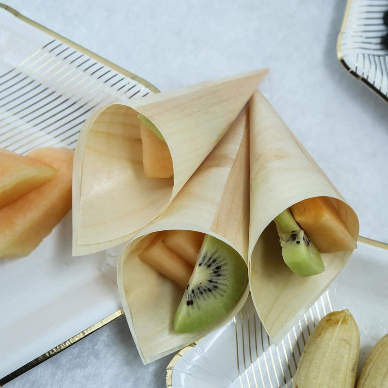 50 pcs 6" long Wooden Food Serving Cones - Natural