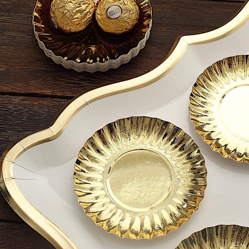 50 Round Metallic Paper Dessert Plates with Scalloped Rim - Disposable Tableware