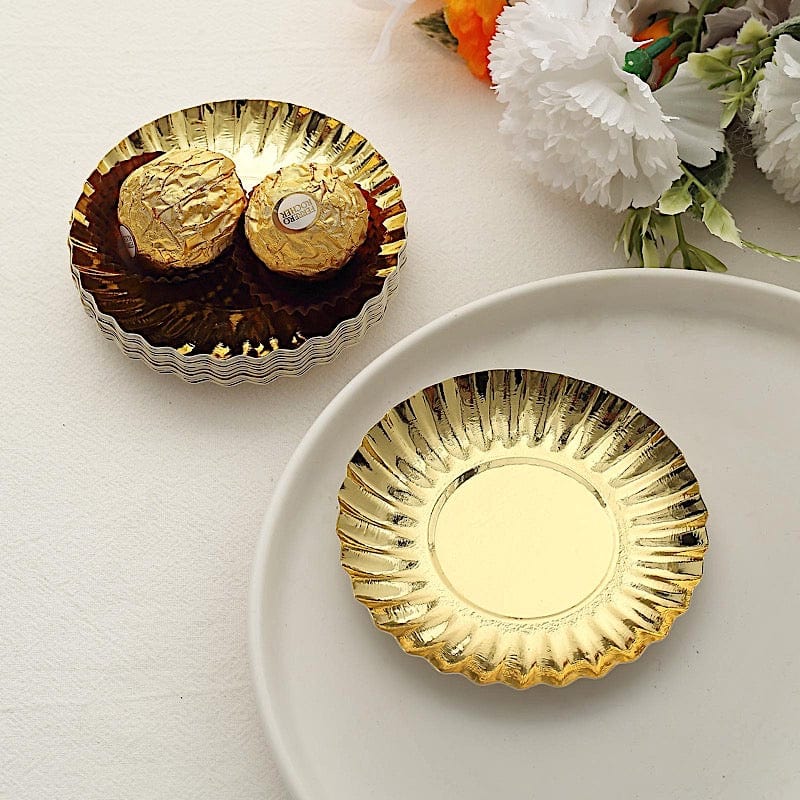 50 Round Metallic Paper Dessert Plates with Scalloped Rim - Disposable Tableware